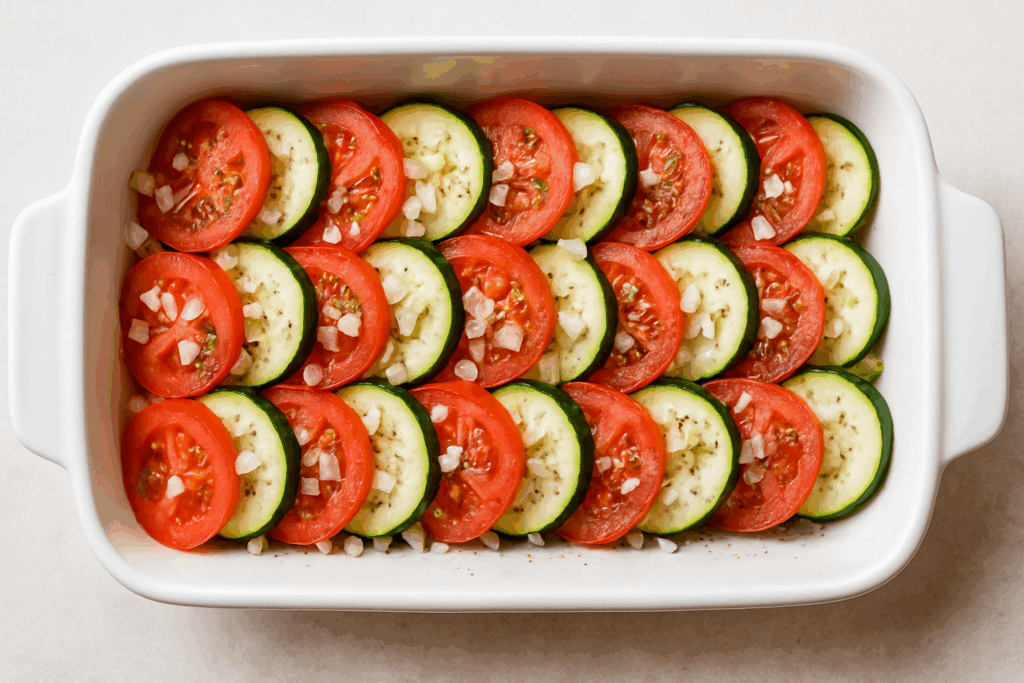 Tomaten und Zucchini dachziegelartig geschichtet in einer Auflaufform vor dem Backen