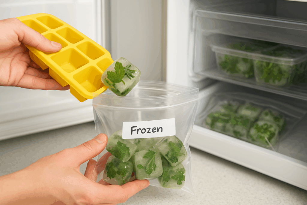 Gefrorene Kräuter-Eiswürfel werden in einen Gefrierbeutel umgefüllt – zur aromatischen Vorratshaltung