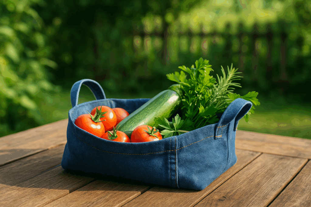 Selbstgemachte Ernteschale aus alten Jeans mit Gemüse im Garten