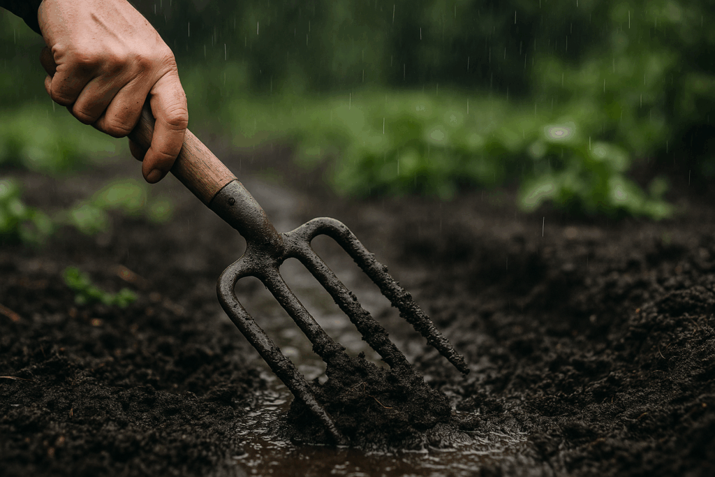 Gärtner lockert Boden nach Starkregen im Garten