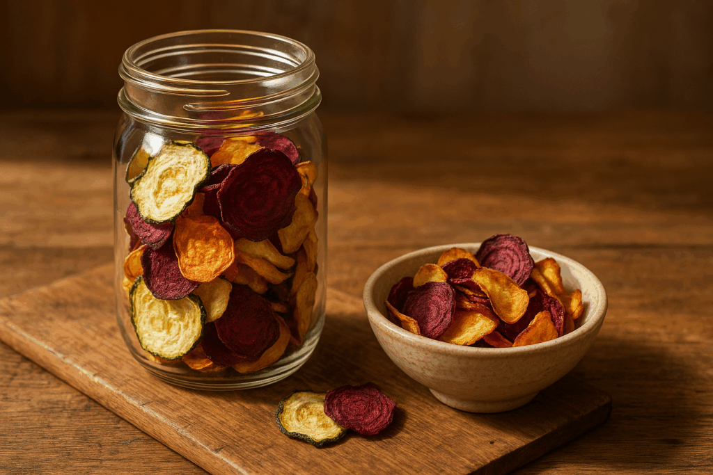 Selbstgemachte Gemüsechips in Glas und Schale – haltbar und knusprig gelagert