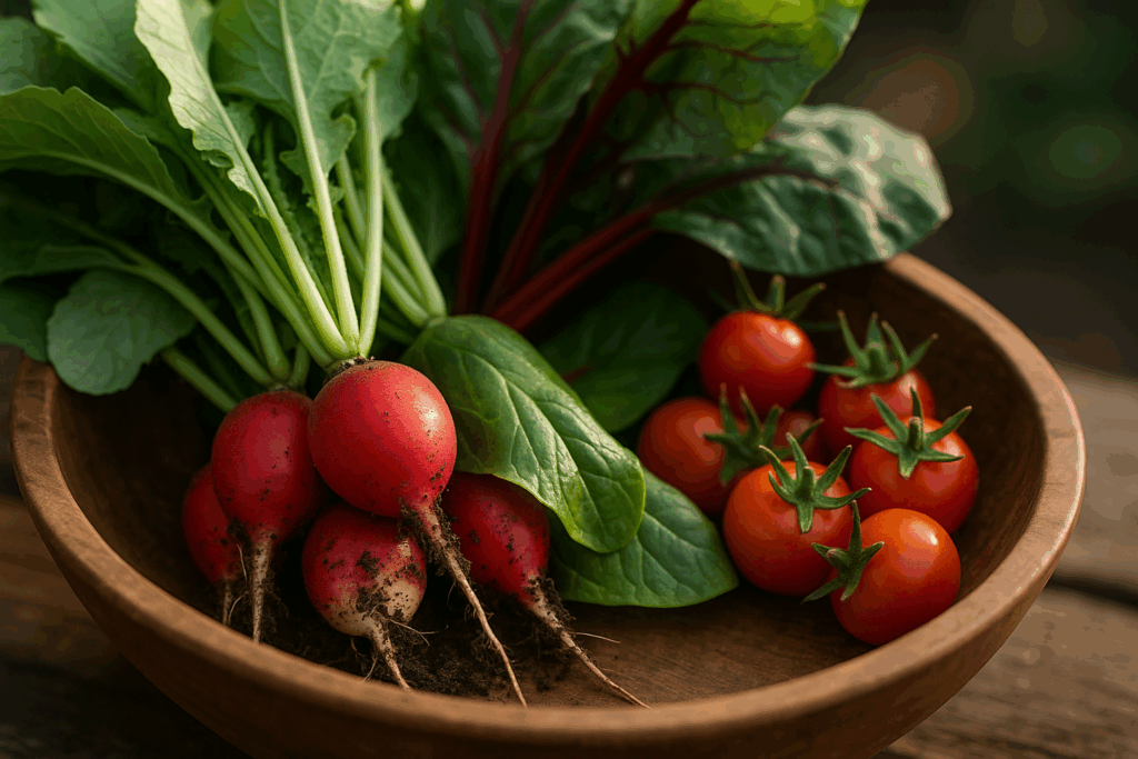 Frisch geerntete Radieschen, Mangold und Cherrytomaten in einer Holzschale