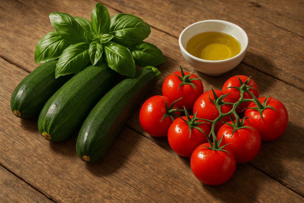 Frisch geerntete Zucchini und Tomaten mit Basilikum und Olivenöl auf einem Holztisch