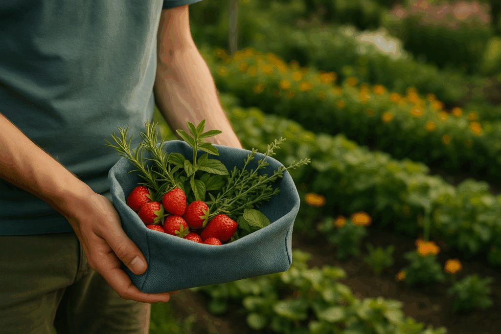 Gefüllte DIY-Ernteschale aus Stoff in einem blühenden Gemüsegarten