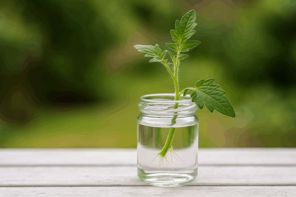 Geiztrieb einer Tomatenpflanze im Wasserglas zur Bewurzelung – einfache Vermehrung durch Stecklinge