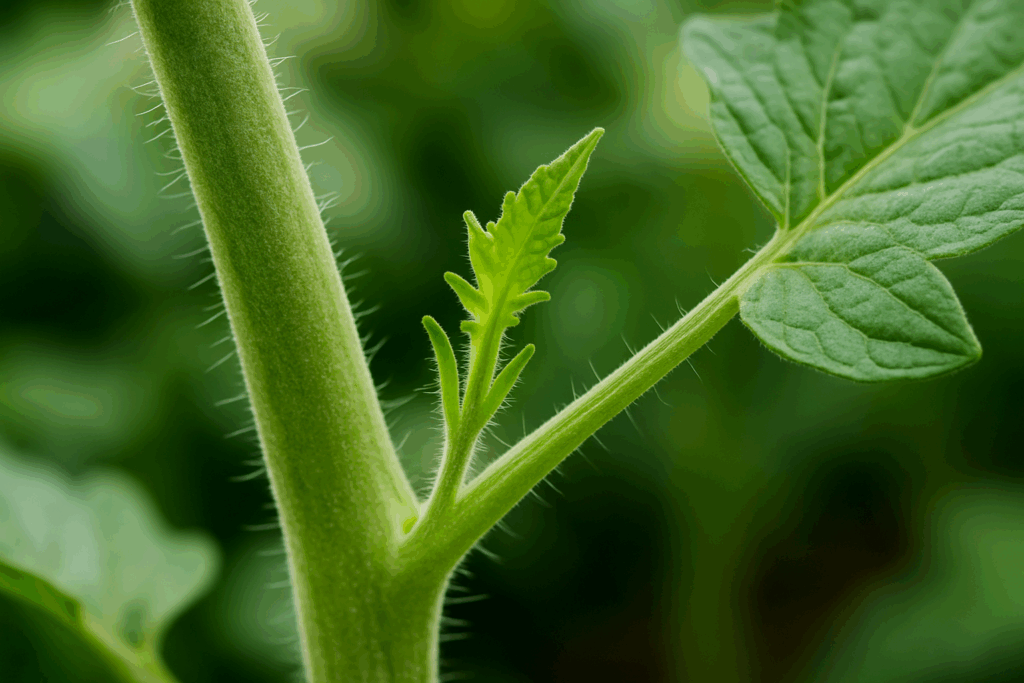 Geiztrieb in der Blattachsel einer Tomatenpflanze – gut sichtbar zwischen Hauptstamm und Blatt