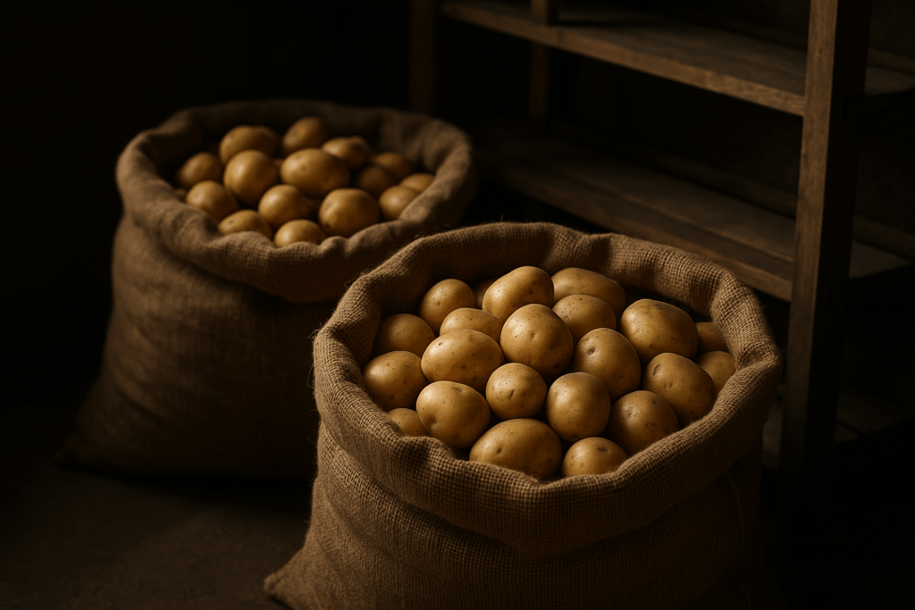 Getrocknete Kartoffeln in Jutesäcken – ideal gelagert im dunklen, kühlen Raum.