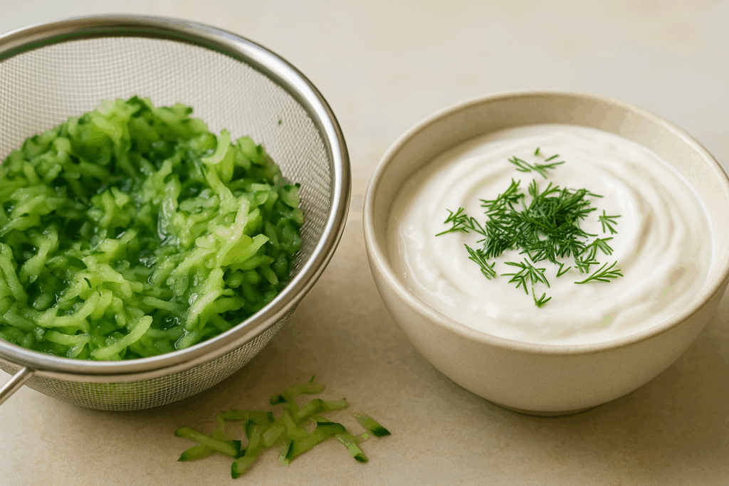 Gurke für Tzatziki raspeln und abtropfen lassen – Schritt-für-Schritt-Zubereitung