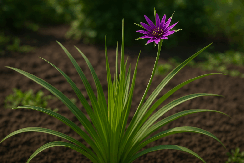 Blühende Haferwurzelpflanze mit violetter Blüte im Beet