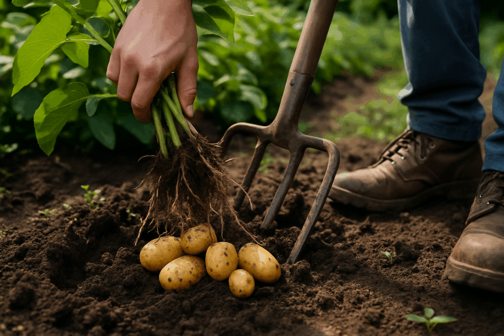 Frühkartoffeln mit zarter Schale werden mit Grabegabel geerntet – das Kraut ist noch grün.