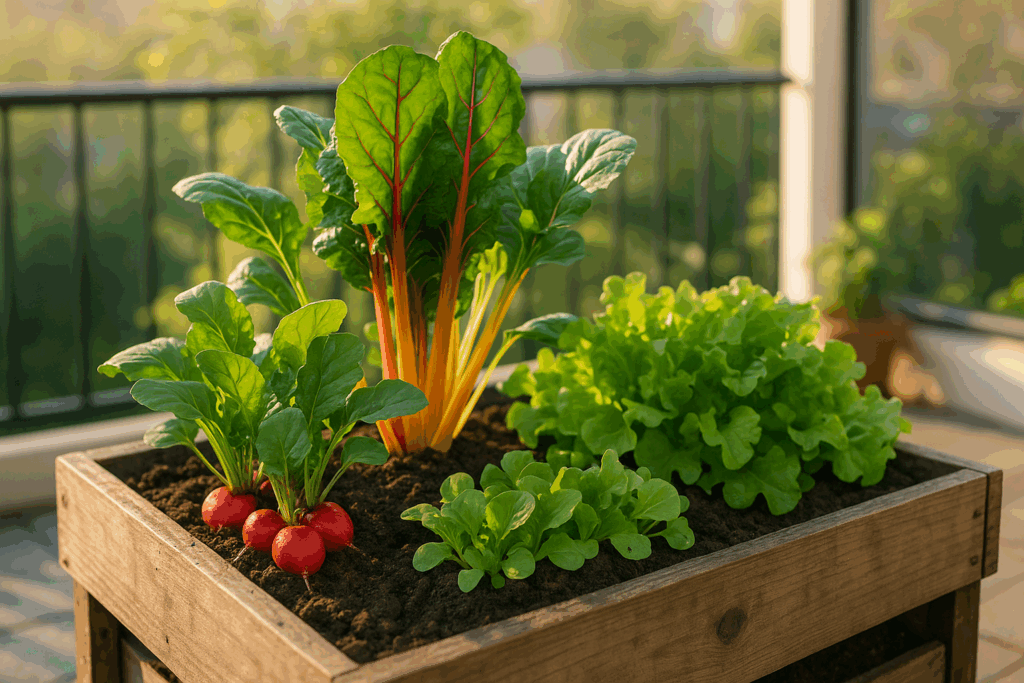 Kleines Hochbeet mit Radieschen, Mangold und Pflücksalat auf einem sonnigen Balkon