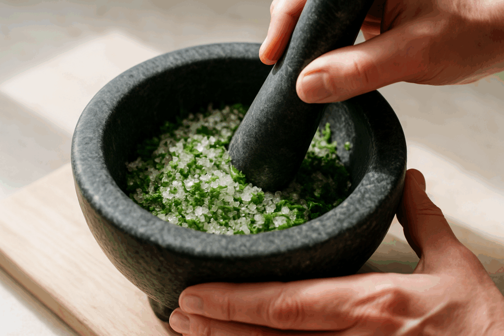 Kräuter und Salz werden im Mörser zu einer aromatischen Würzmischung verarbeitet