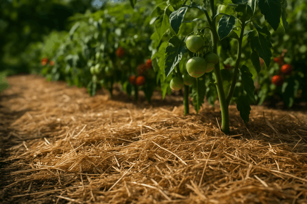 Gemüsebeet mit Stroh-Mulch im Sommer – Sonnenschutz für den Boden.