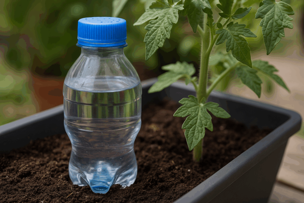 PET-Flasche als selbstgebauter Wasserspeicher in einem Balkontopf
