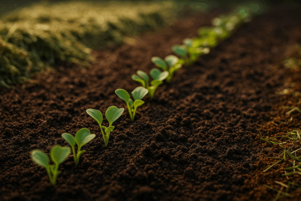 Radieschen keimen im Juli im Gartenbeet, Wurzelgemüse im Juli säen