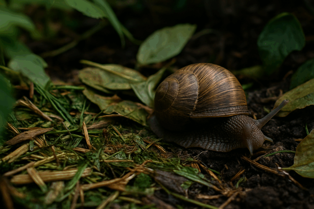 Schnecke unter feuchter Mulchschicht – typisches Risiko beim Mulchen im Sommer.