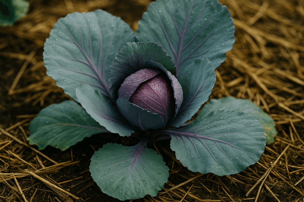 Rotkohl Kalibos mit violettem Kopf und Mulch im Sommer