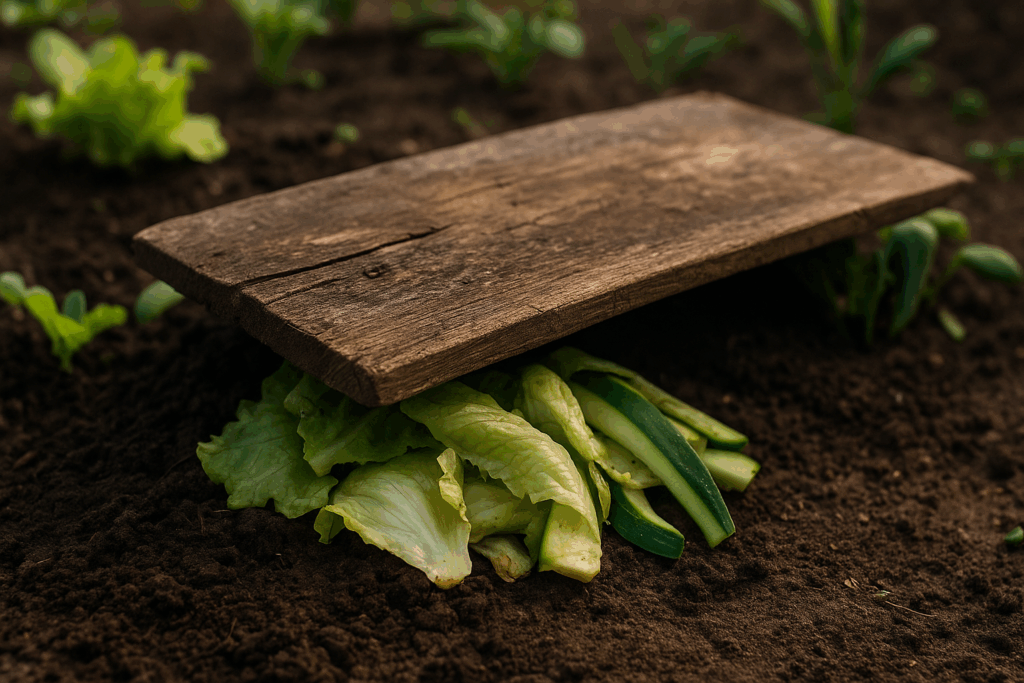 Salat- und Gemüsereste-Falle unter Holzbrett als natürliche Schneckenfalle im Beet
