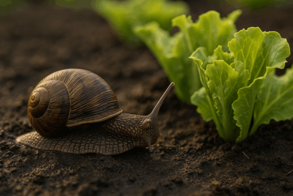 Schnecke im Juli neben Salatpflanzen auf feuchter Erde