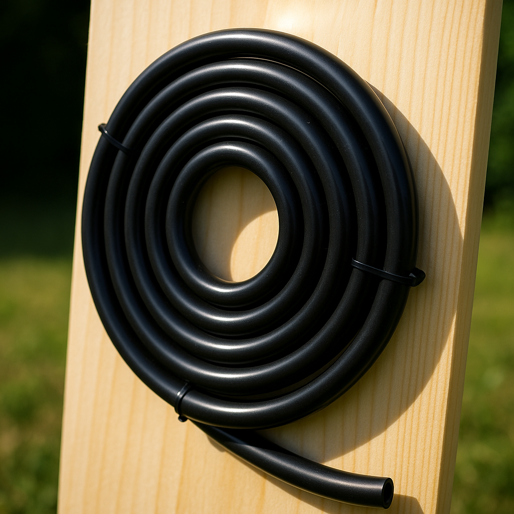 Schwarze Schlauchspirale der Solar-Dusche unter direkter Sonneneinstrahlung