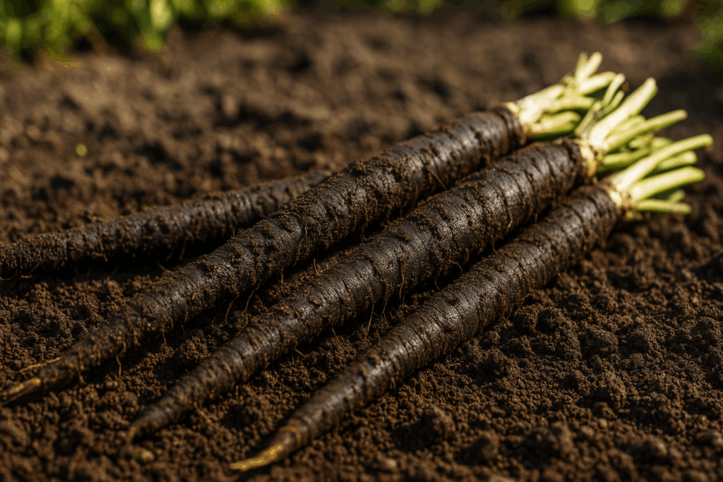 Frisch geerntete Schwarzwurzeln mit Erde im Gartenbeet