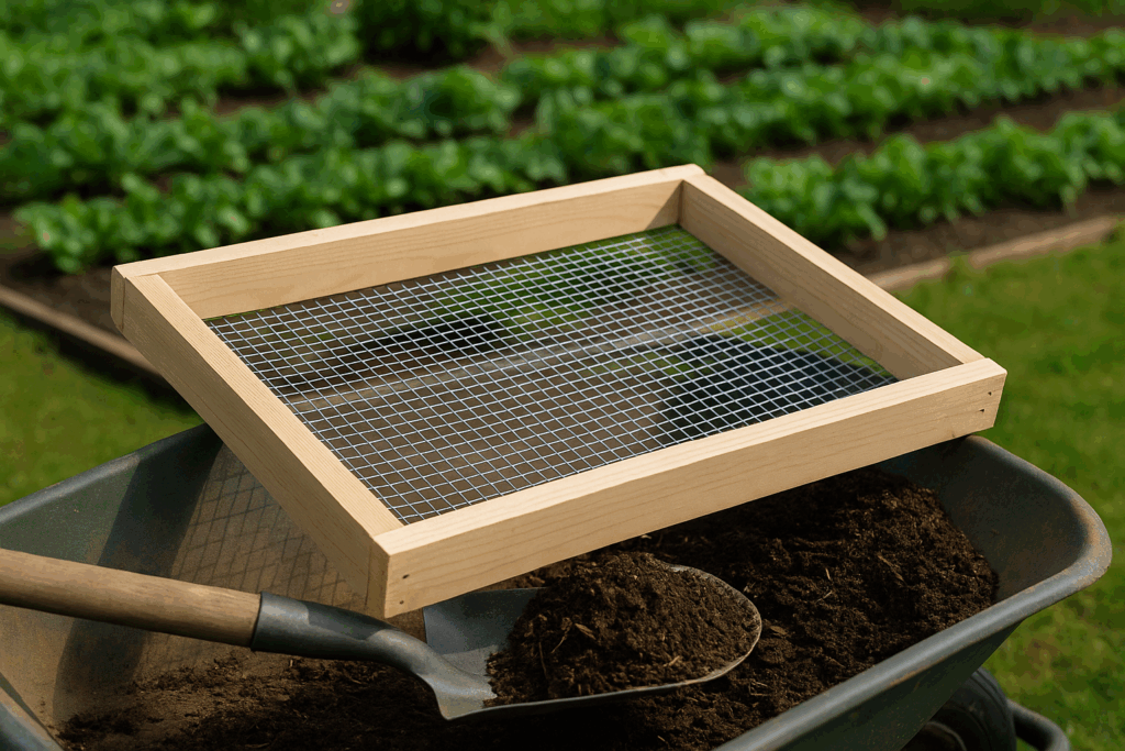 Selbstgebauter Kompostsiebrahmen aus Holz und Draht auf einer Schubkarre, bereit zum Kompost sieben im Garten