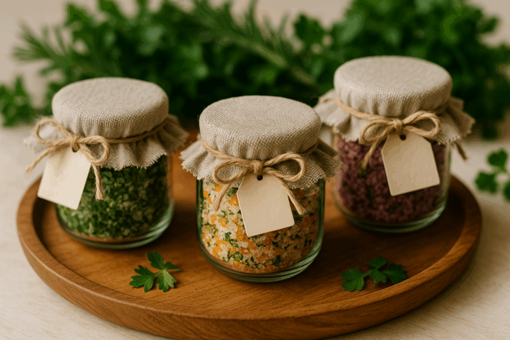 Selbstgemachtes Kräutersalz in kleinen Gläsern, liebevoll dekoriert und als Geschenk angerichtet