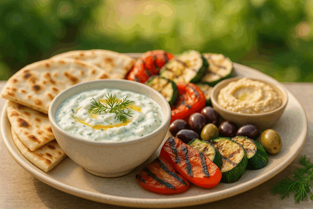Selbstgemachtes Tzatziki mit Fladenbrot und Gemüse auf sommerlicher Mezze-Platte