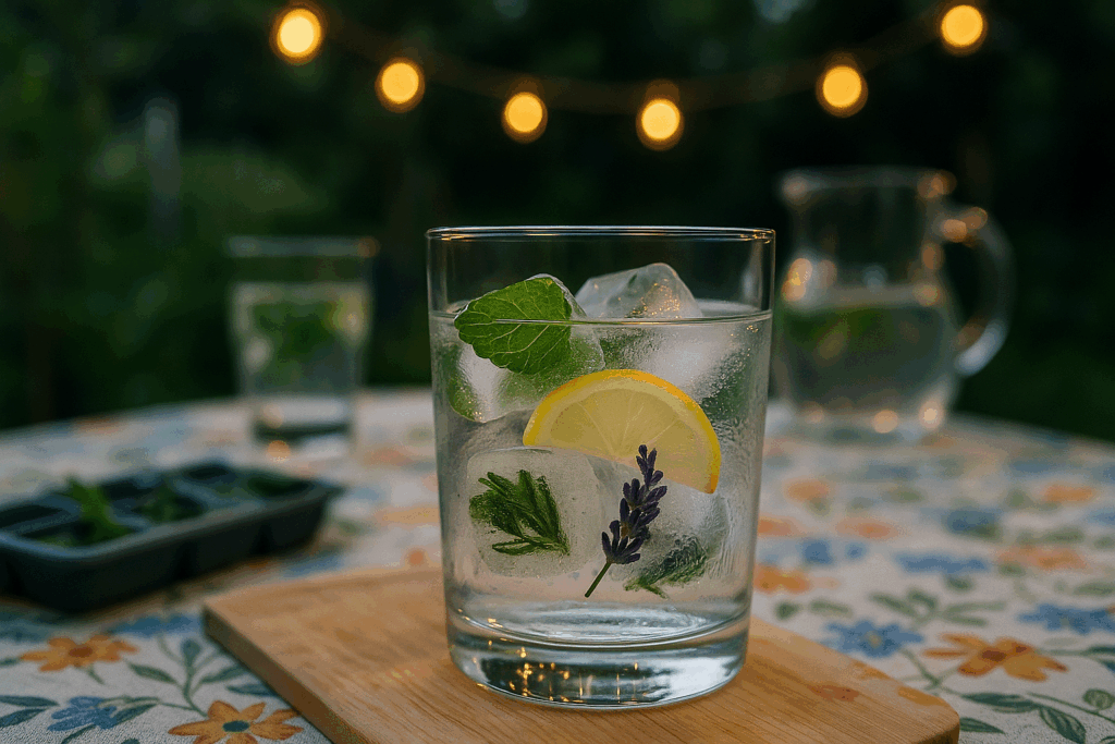 Kräuter-Eiswürfel in einem Glas auf Gartentisch – perfekte Erfrischung für Sommerabende und Gartenfeste