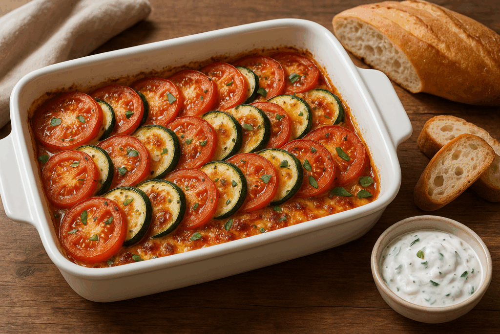 Fertiger Tomaten-Zucchini-Auflauf mit goldbrauner Kruste, serviert mit Baguette und Kräuterquark