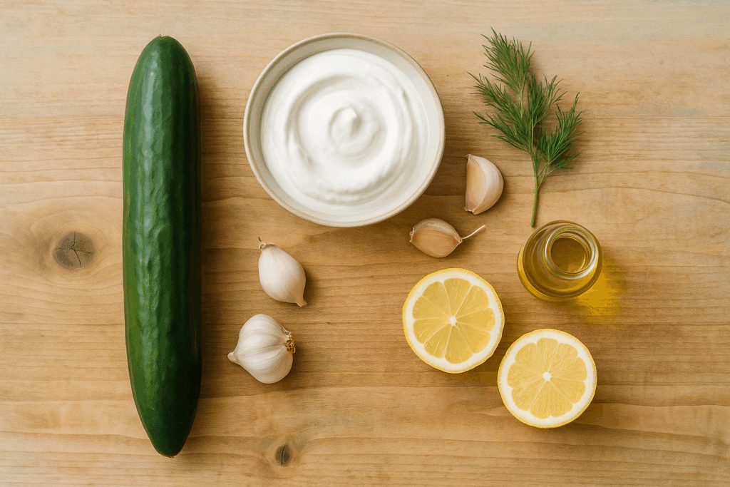 Tzatziki-Zutaten: Gurke, Joghurt, Knoblauch, Olivenöl und frische Kräuter auf Holztisch