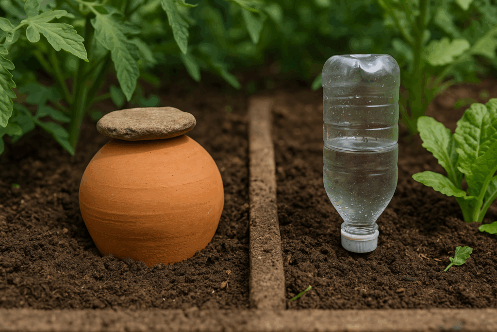 Vergleich zwischen Ton-Olla und PET-Flasche als selbstgebaute Wasserspeicher im Garten