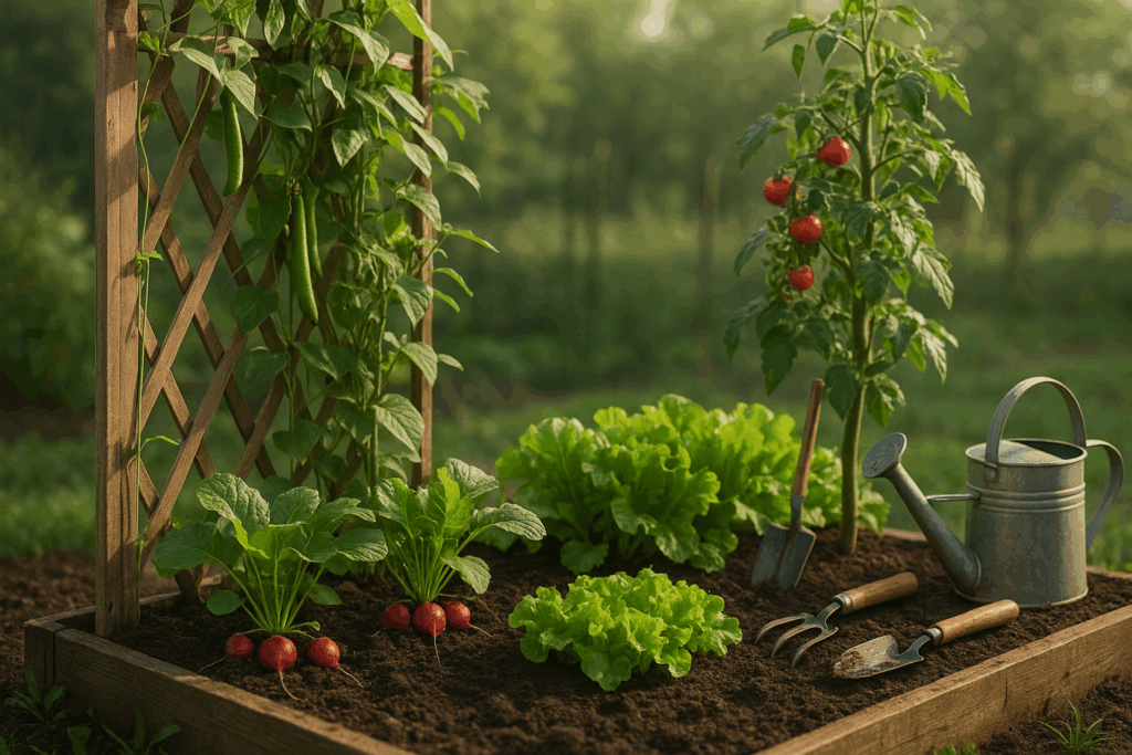 Vertikales Gärtnern mit Rankhilfe für Tomaten und Bohnen über Pflücksalat und Radieschen im kleinen Garten