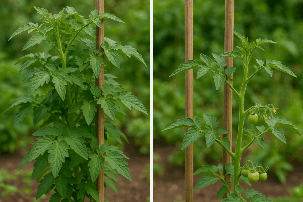Tomatenpflanze vor und nach dem Ausgeizen im Vergleich – links mit Geiztrieben, rechts kräftig und aufgeräumt