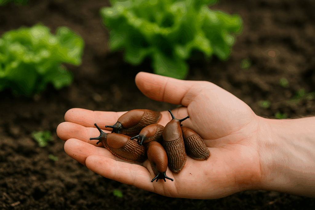 Hand hält gesammelte Nacktschnecken neben Gemüsebeet zur Umsiedlung