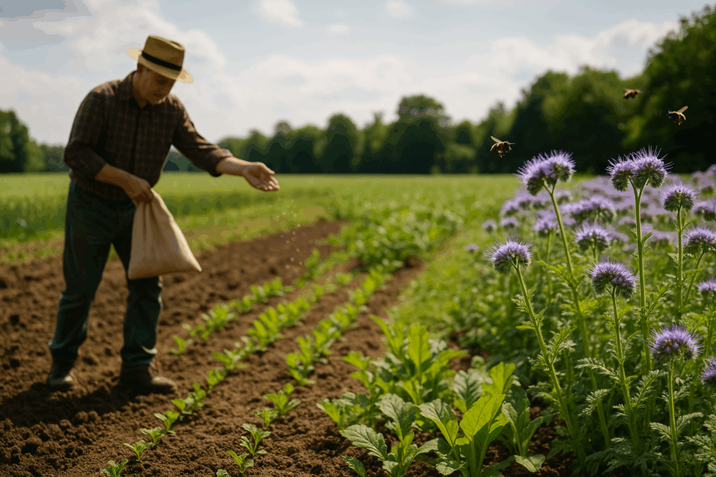 Bauer sät Phacelia als Gründüngung.