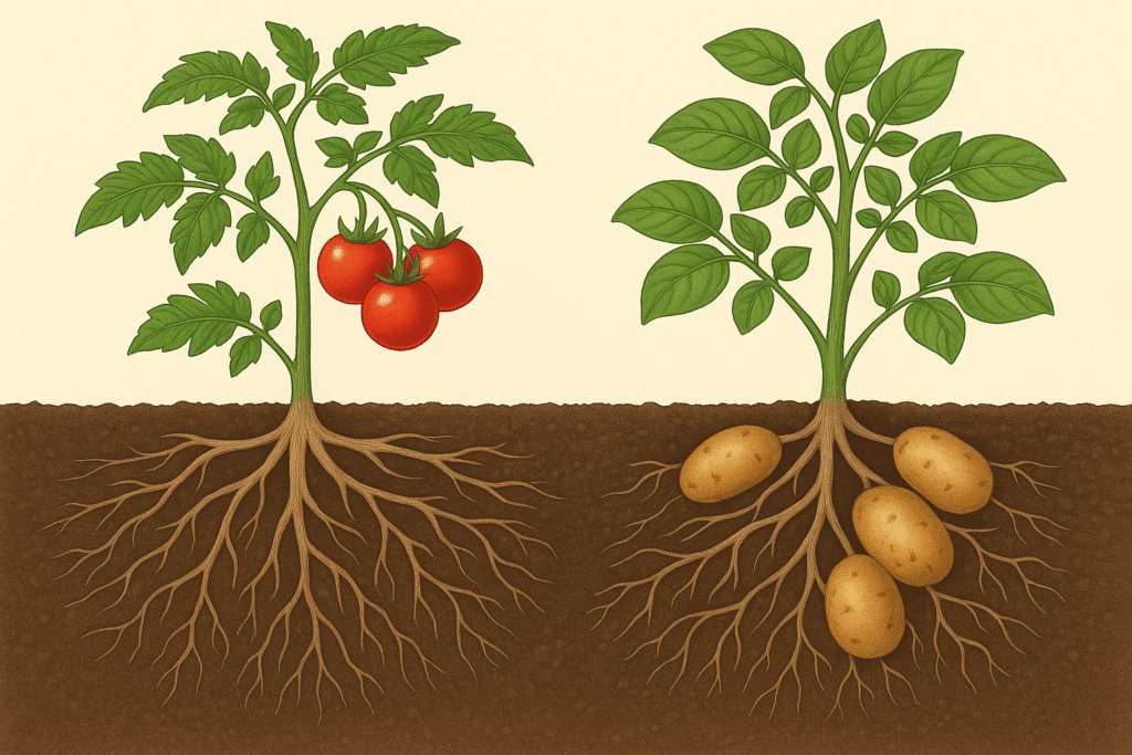 Wurzeln von Tomaten und Kartoffeln konkurrieren um Nährstoffe