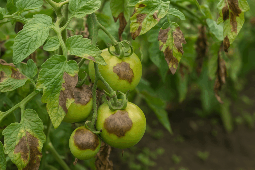 Tomatenpflanzen mit typischen Braunfäule-Flecken