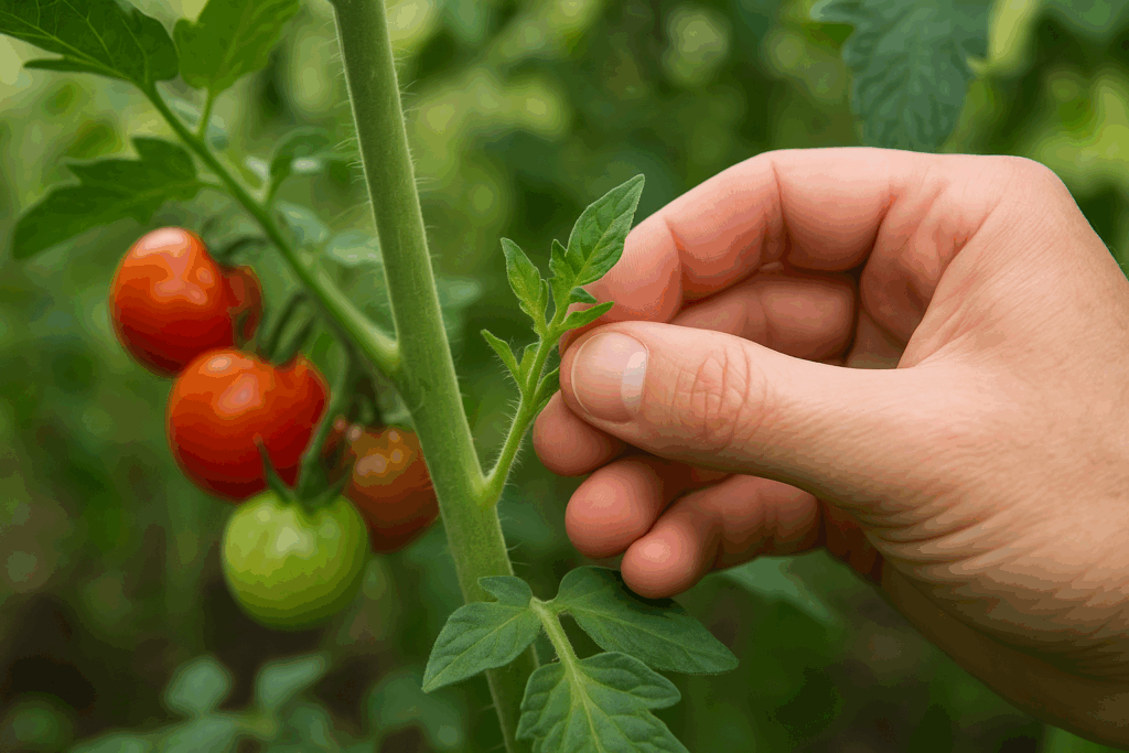 Geiztrieb wird entfernt, um das Fruchtwachstum der Tomate zu fördern