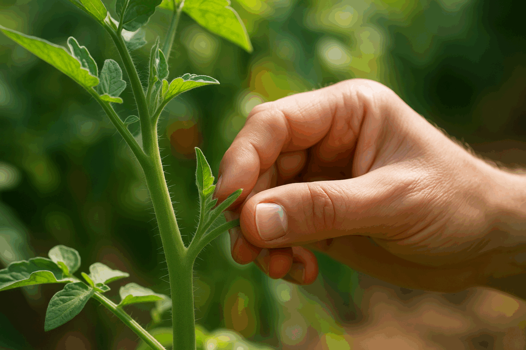 Hand entfernt bei sonnigem Wetter einen Geiztrieb aus der Blattachsel einer Tomatenpflanze.