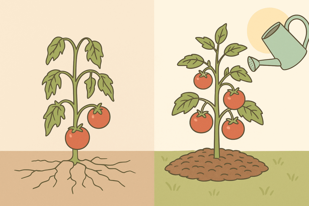 Vergleich: vertrocknete Tomate versus gut gegossene Tomate mit Mulch.
