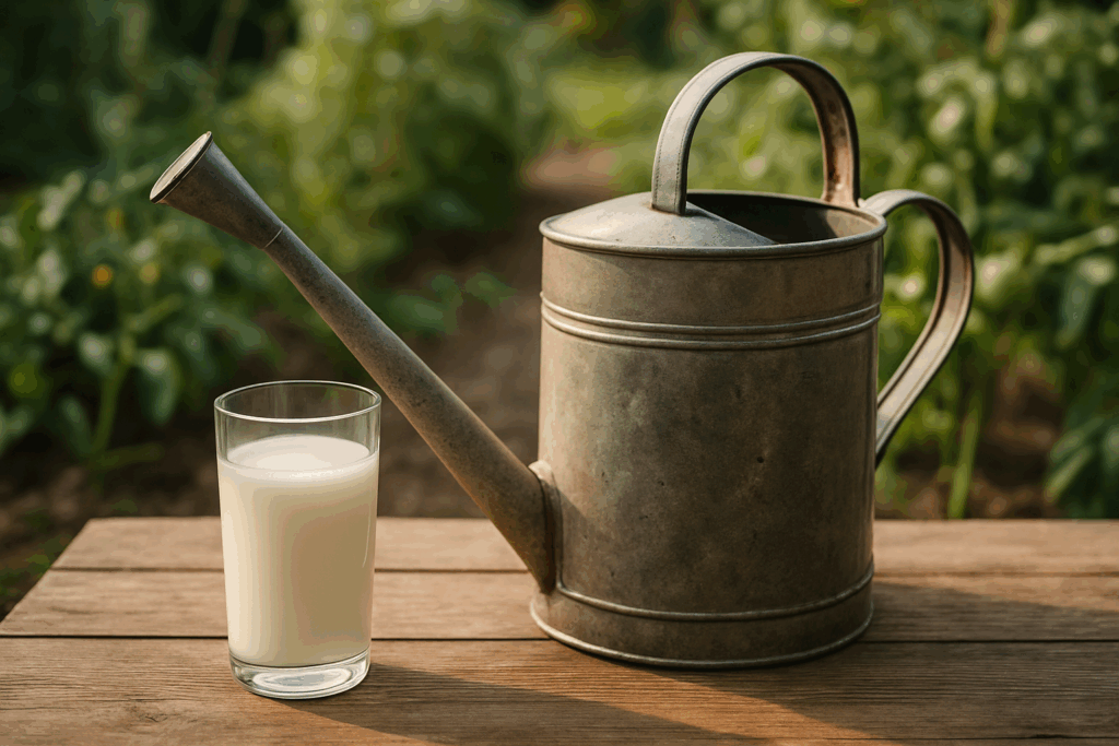Gießkanne mit Milch-Wasser-Mischung im Gemüsegarten