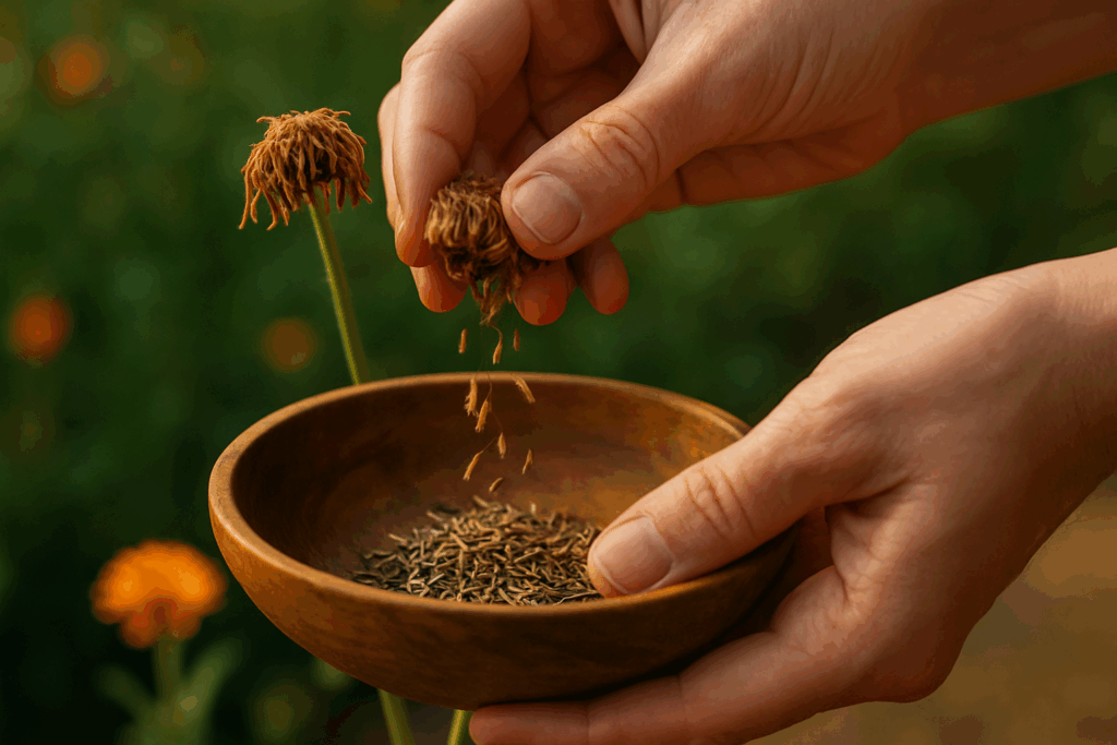 Hand erntet Ringelblumensamen in einer Schale