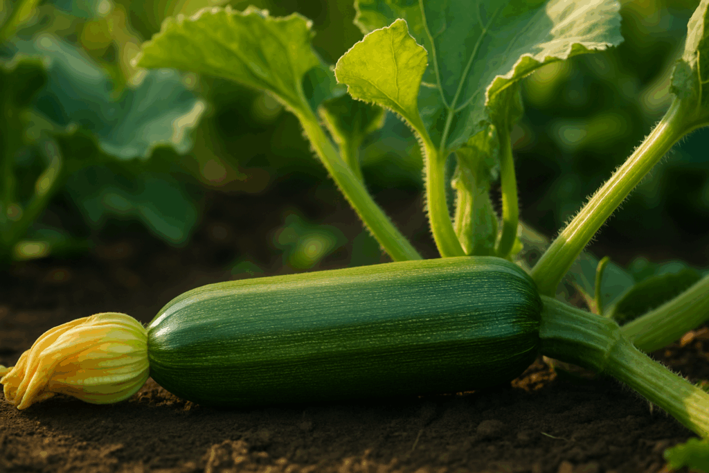 Junge Zucchini an der Pflanze mit idealer Erntelänge von etwa 18 cm
