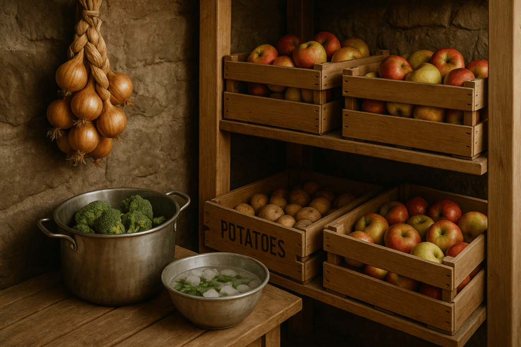 Kartoffeln und Zwiebeln im Keller gelagert