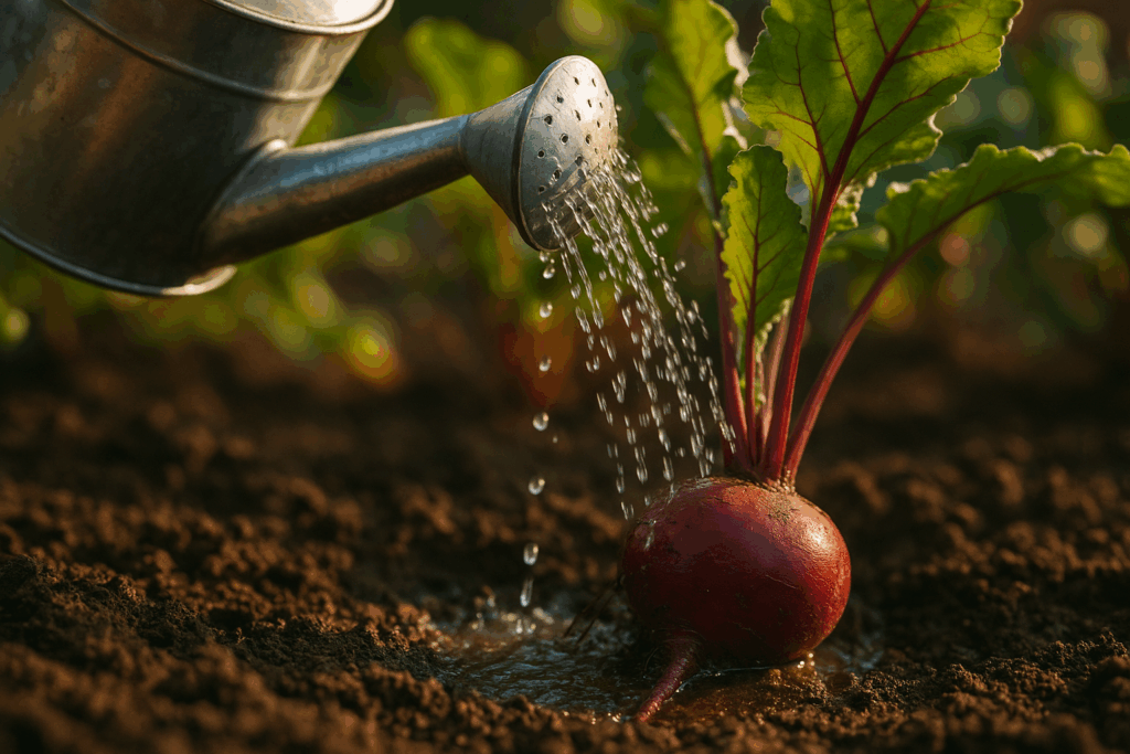 Gießkanne bewässert Rote Beete im Garten