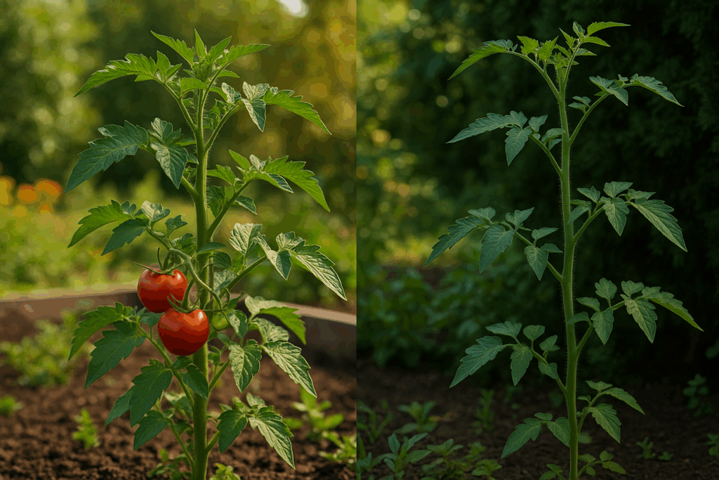 Vergleich von sonnigem und schattigem Standort – links fruchttragende Tomate, rechts nur Blätter