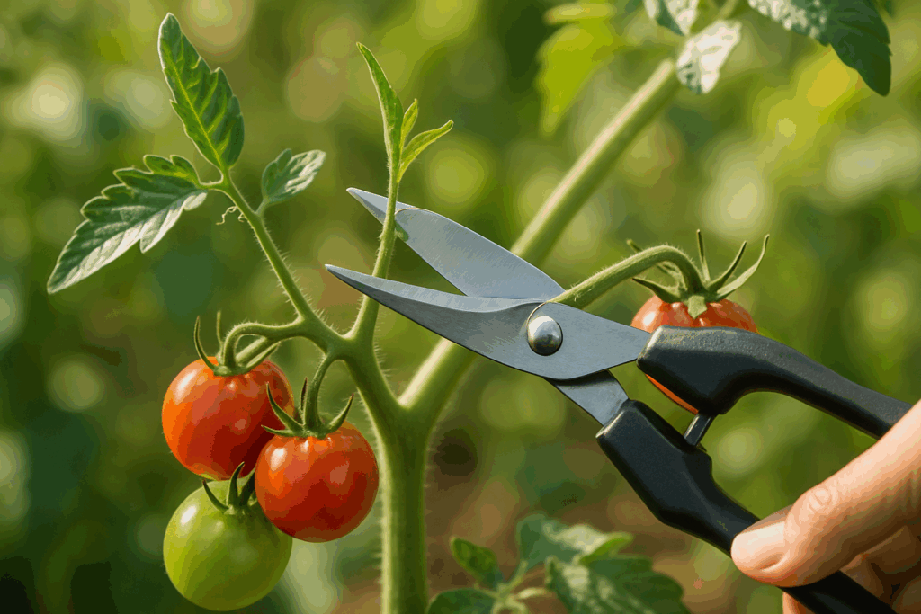 Gartenschere kappt die Triebspitze einer Tomatenpflanze über dem letzten Fruchtansatz.