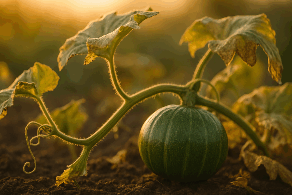 Unreife Kürbisfrucht an einer Ranke im Abendlicht