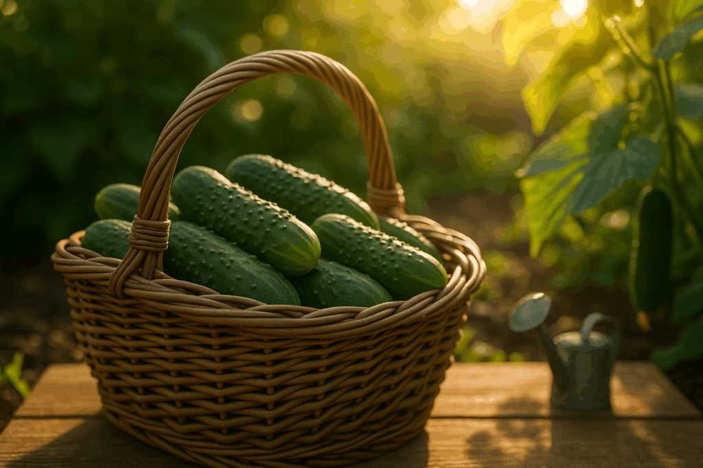 Voller Erntekorb mit großen saftigen Gurken